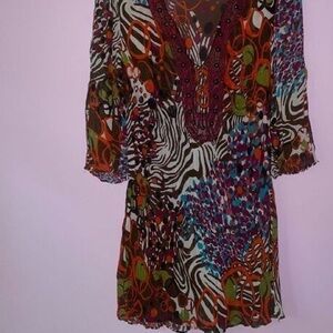 Bisou Bisou Olive Green and Coral Abstract Print Tunic